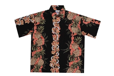 Mens black rayon Hawaiian shirt with vertical bands of golden pineapples and red coral flowers
