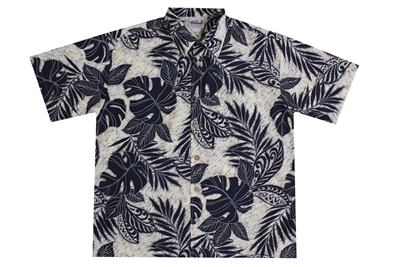 Mens rayon Hawaiian shirt with indigo colored fronds and Polynesian designs