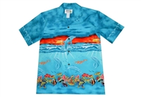 KY's mens Aloha shirt with sea life and a beautiful sunset depicted on the front and back of the shirt