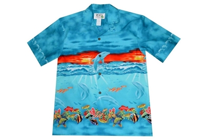 KY's mens Aloha shirt with sea life and a beautiful sunset depicted on the front and back of the shirt