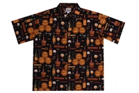 Black mens wine themed Hawaiian shirt with corks, casks and wine bottles