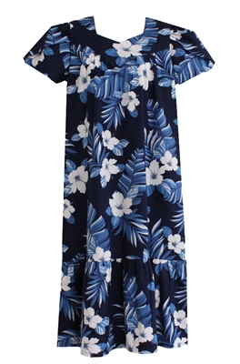 Wave Shoppe Mid-Calf Navy Blue Hawaiian Muumuu Dress