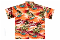 Men's orange colored Mauna Loa Hawaiian shirt with outrigger canoes and a allover Hawaiian island theme