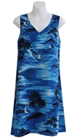 Blue V-neck Hawaiian tank dress with scenic Hawaiian islands, outrigger canoes, and palm trees on the island