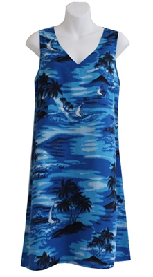 Blue V-neck Hawaiian tank dress with scenic Hawaiian islands, outrigger canoes, and palm trees on the island