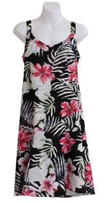 Hawaiian sundress with red hibiscus flowers, white palm fronds and a flounce hem on black fabric