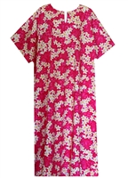 Pretty mid-calf length pink kaftan dress with plumeria flowers in a very comfortable one-size fits all style.