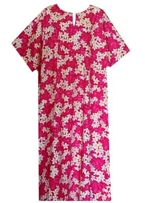 Pretty mid-calf length pink kaftan dress with plumeria flowers in a very comfortable one-size fits all style.