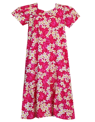 Pink Hawaiian muumuu with white and yellow plumeria flowers and silhouetted pink plumeria in the background.