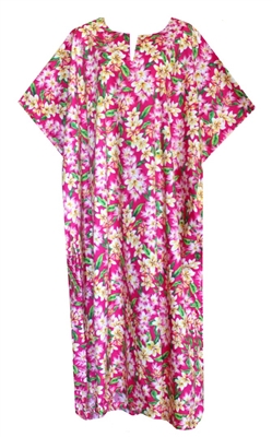 Womens pink colored mid-calf length Hawaiian print kaftan with pink, yellow flowers and green leaves