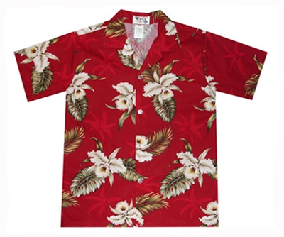 Boys red Hawaiian shirt with white orchid flowers in a allover print