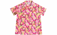 Womens pink Hawaiian shirt with pink as well as yellow Plumeria flowers in an allover print