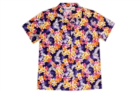 Womens purple Hawaiian shirt with garlands of yellow, pink, white, and red flowers