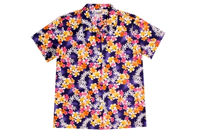 Womens purple Hawaiian shirt with garlands of yellow, pink, white, and red flowers
