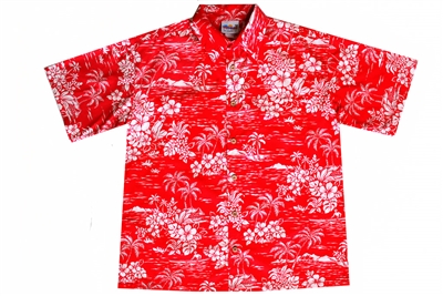 Mens red Hawaiian shirt with outrigger canoes, wahine, hibiscus flowers, Hawaii islands, and palm trees.