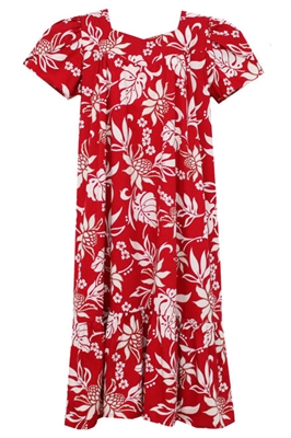Wave Shoppe Mid-Calf Red Ginger Hawaiian Muumuu Dress