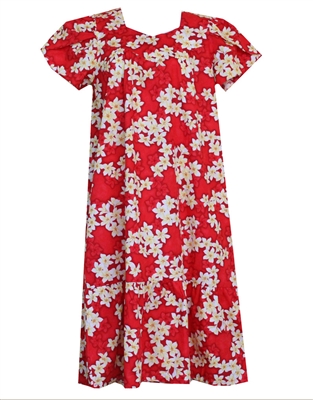 red Hawaiian muumuu with white and yellow plumeria flowers and silhouetted red plumeria in the background