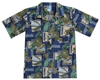 Boys Hawaiian shirt with canoes and tropical leaf in a allover block print design