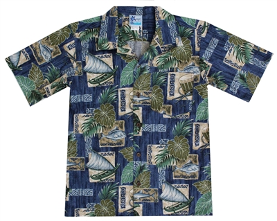 Boys Hawaiian shirt with canoes and tropical leaf in a allover block print design
