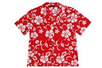 Womens red Aloha shirt with white hibiscus flowers in a allover print