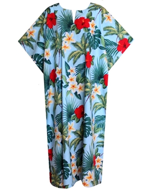 Womens mid-calf length Kaftan contains red hibiscus flowers, white yellow plumeria, palm trees and a mix of green tropical fronds printed on a beautiful sky blue fabric.