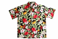 Hawaii Tropical Garden shirt is a black mens Hawaiian shirt with a vividly colored floral all-over print