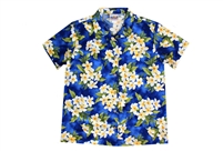 Womens blue Hawaiian shirt with white Plumeria flowers with leafs in an allover print
