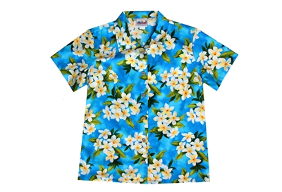 Womens turquoise Hawaiian shirt with white Plumeria flowers and green foliage