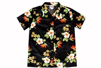Womens black Hawaiian shirt with frangipani, hibiscus, and orange bird of paradise flowers