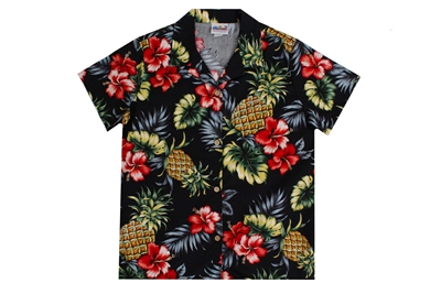 Black womens Hawaiian shirt with fronds, pineapples, and red hibiscus flowers like you see in Dole Pineapple Plantation gardens