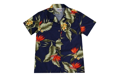 Womens blue Hawaiian shirt with orange bird of paradise flowers, banana lead and yellow plumeria