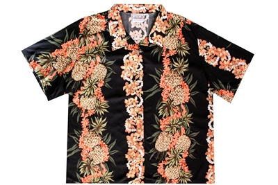 Womens black rayon Hawaiian shirt with golden pineapples intertwined with coral flowers in a  vertical design