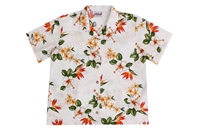 Womens white Hawaiian shirt with plumeria, hibiscus and orange bird of paradise flowers