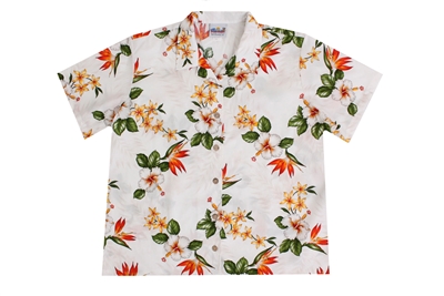 Womens white Hawaiian shirt with plumeria, hibiscus and orange bird of paradise flowers