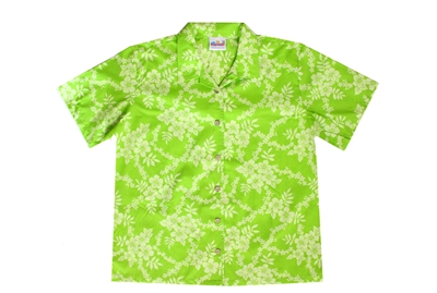 Womens hot lime colored polycotton Hawaiian shirt with a subtle allover floral design
