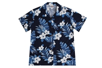 Womens navy blue Hawaiian shirt with white hibiscus flowers and banana leaf