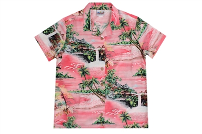 Wave Shoppe Womens Pink Hawaiian Shirt with Waterfalls and Islands