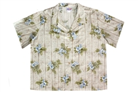 Womens sage colored rayon Hawaiian shirt with smaller white and blue hibiscus flowers in a allover print