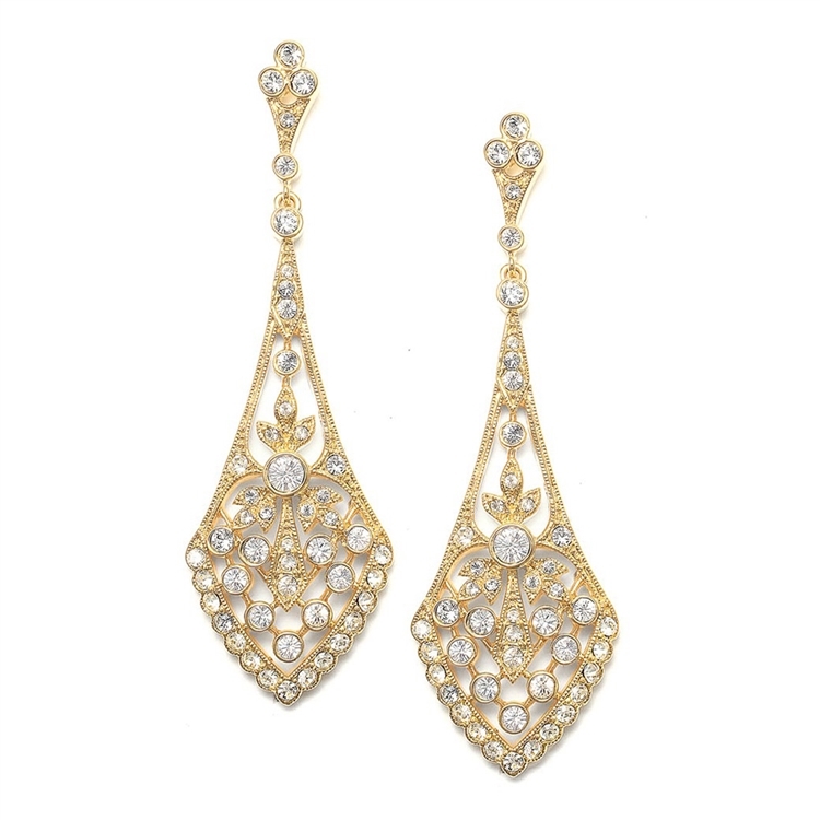 Dramatic Gold Vintage CZ Bridal Earrings<br>1072E-G