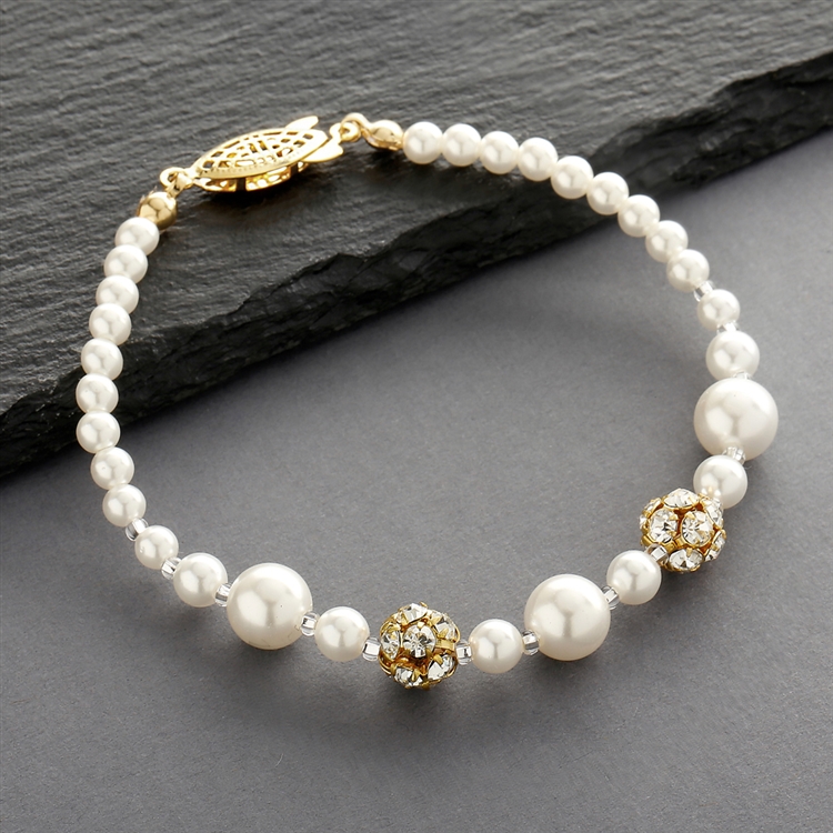 Dainty Wedding Bracelet with Pearls & Rhinestone Fireballs - Ivory<br>1125B-I-G