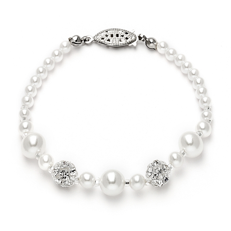 Dainty Wedding Bracelet with Pearls & Rhinestone Fireballs - White<br>1125B-W-S