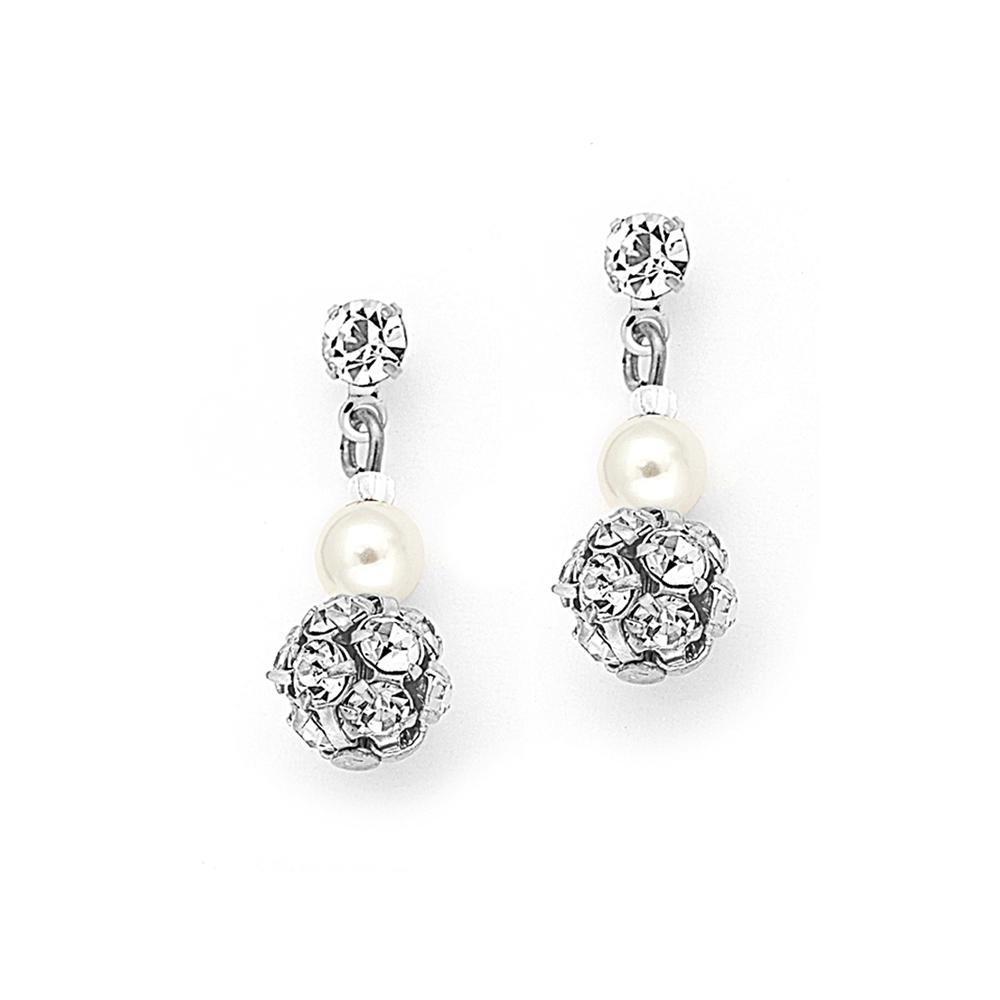 Dainty Wedding Earrings with Pearl & Rhinestone Fireball - Ivory - Clip<br>1125EC-I-S