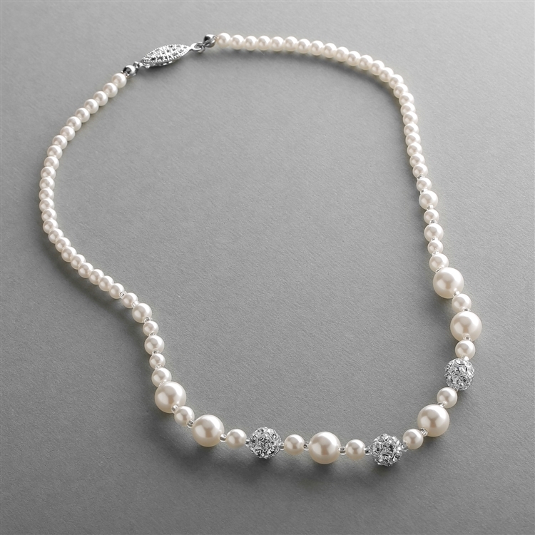 Dainty Wedding Necklace with Pearls & Rhinestone Fireballs - Ivory<br>1125N-I-S