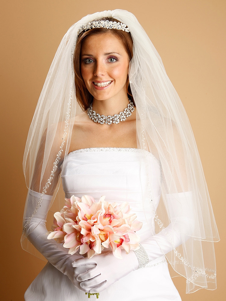 2-Row Ivory Fingertip Veil - Gold Pencil Edge, Pearls, Crystals, Beads & Delicate Chain<br>1400V-I-G