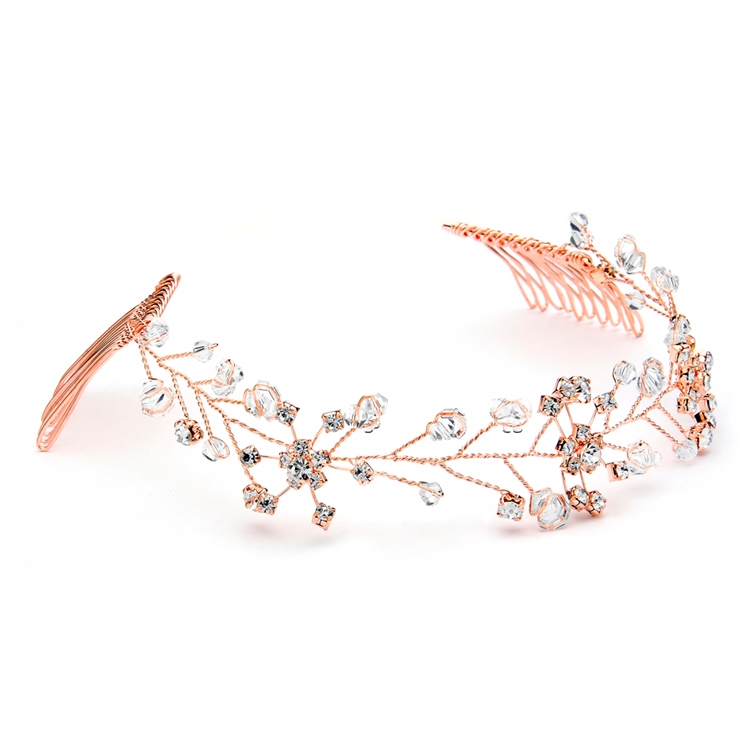 Glamorous Swarovski Crystal Bridal Rose Gold Tiara Vine with Double Combs<br>1402H-RG