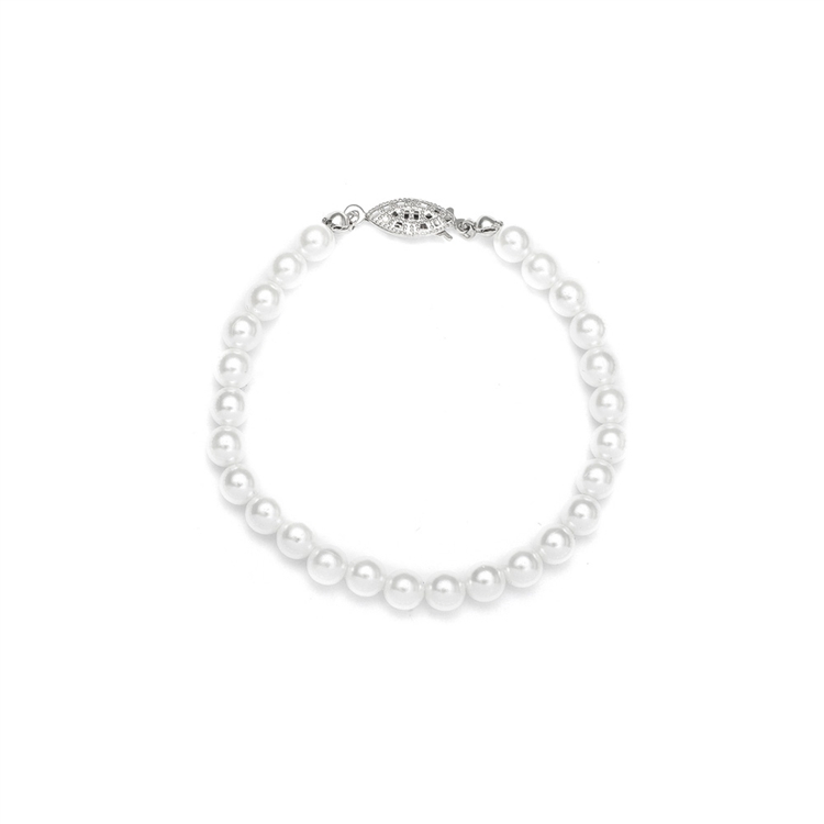 Single Strand 6mm Pearl Wedding Bracelet - White - Gold<br>182B-W-G