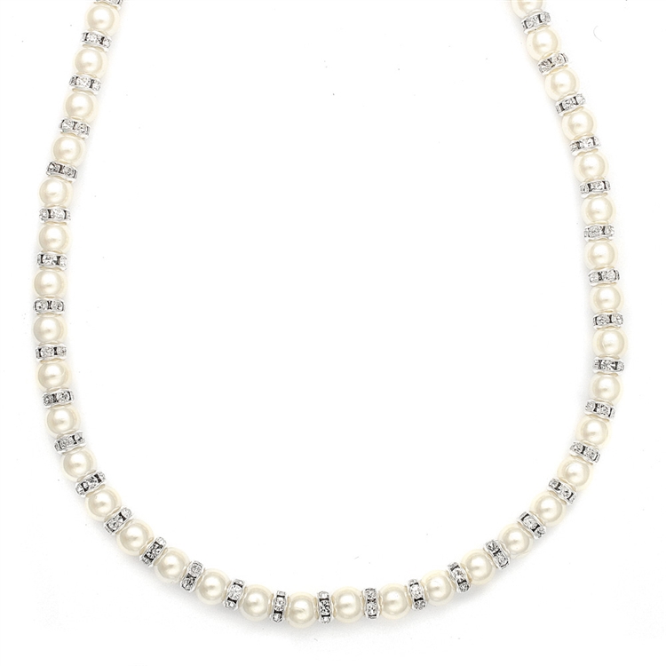 Alternating Pearl and Rondelle Wedding Necklace - White<br>189N-16-W-S