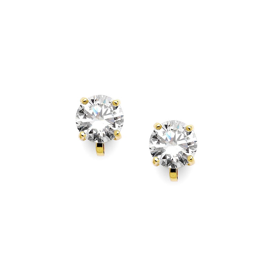 Gold Clip-On Earrings with 2 Carat 8mm CZ Solitaire<br>2002EC-G