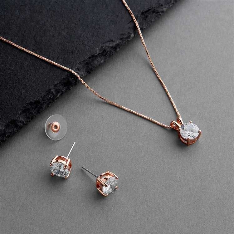14K Rose Gold Plated CZ Pendant Necklace and Stud Earrings Set<br>2002S-EP-RG