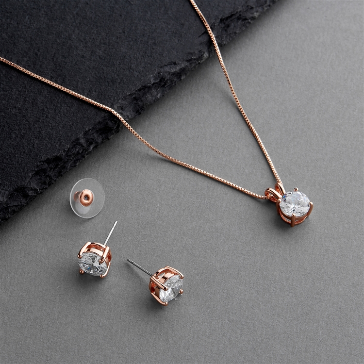 Mariell Wholesale 14K Rose Gold Plated CZ Pendant Necklace and Stud Earrings Set